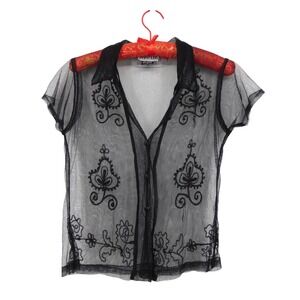 Ashim Womens Black Sheer Mesh Embroidered Button Up Blouse Short Sleeve Medium
